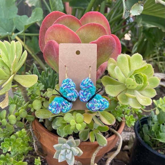 Handmade Crochet Teal Butterfly Earrings - Picture 2 of 2